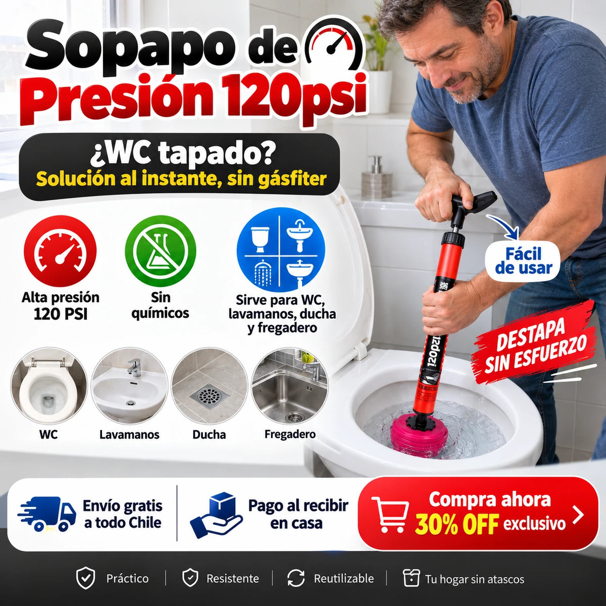 Sopapo de Presión 120psi 🪠Sirve para Baños 🚽 Ducha 🛁 Lavaplatos 🚰