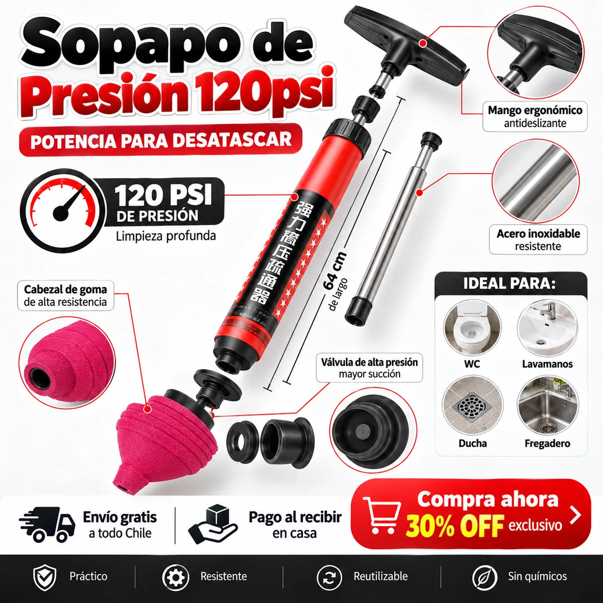 Sopapo de Presión 120psi 🪠Sirve para Baños 🚽 Ducha 🛁 Lavaplatos 🚰