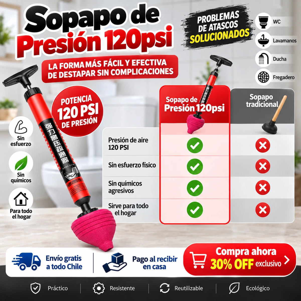 Sopapo de Presión 120psi 🪠Sirve para Baños 🚽 Ducha 🛁 Lavaplatos 🚰