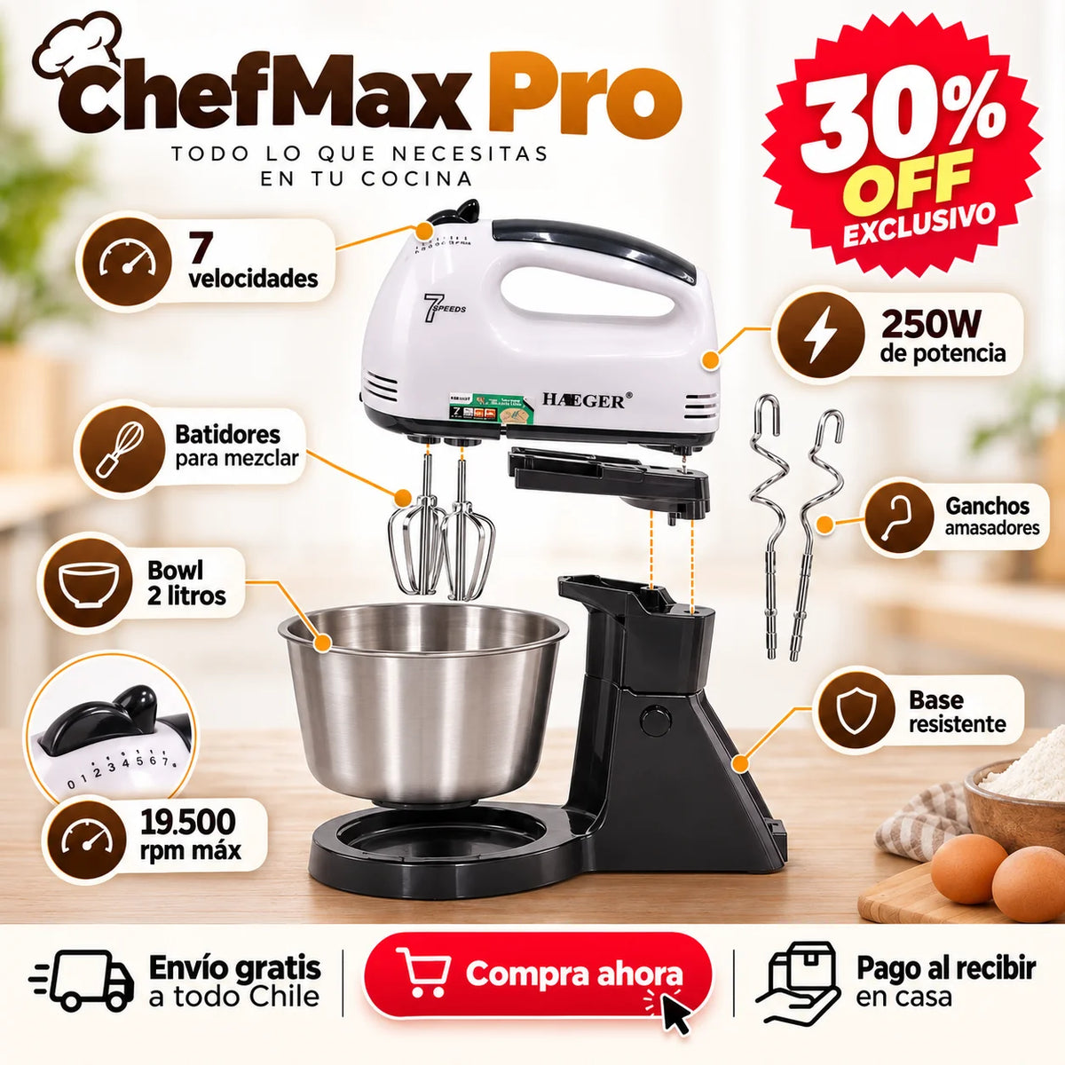 🧑‍🍳 ChefMax Pro -  Batidora de Pedestal 🎁 AFILADOR DE CUCHILLO GRATIS 🎁