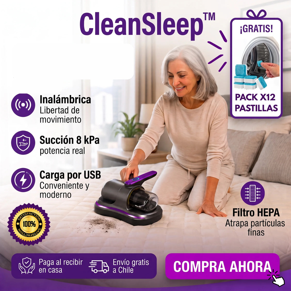 Aspiradora CleanSleep™ + 12 Pastillas Limpia Lavadora