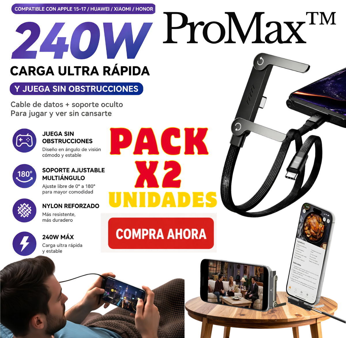 ProMax™ ⚡️ Cable USB-C+Soporte Integrado 🎁 Pack x2 Unidades 🥇